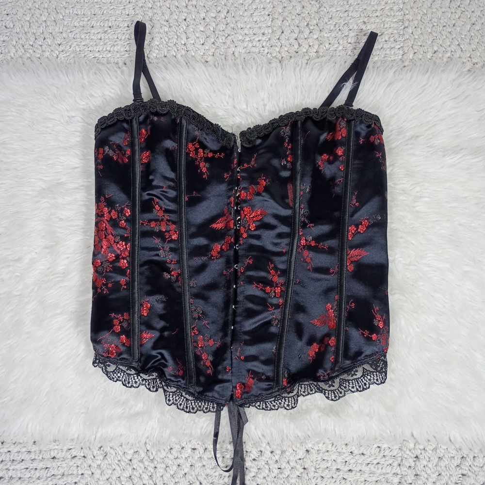 Black Satin Corset Camisole with Red Floral Embroidery